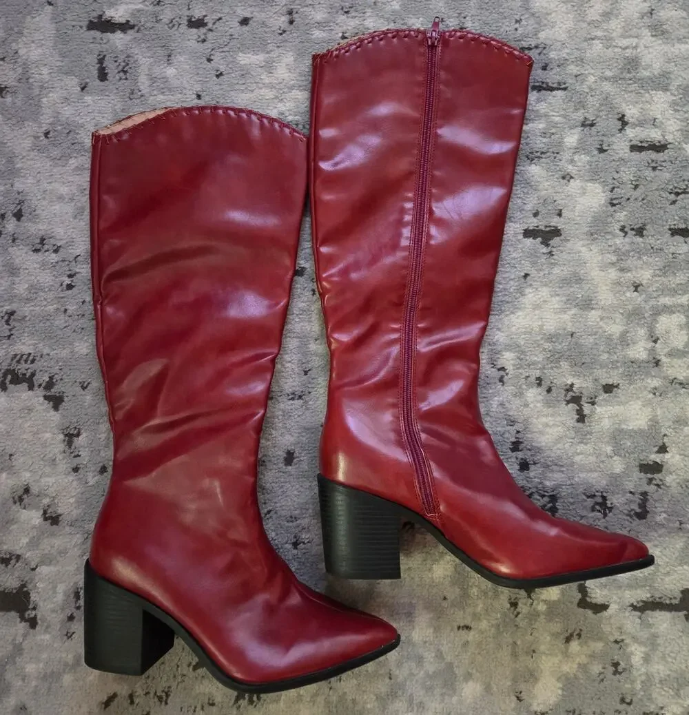 Red Burgundy Knee-High Patent Vegan Leather Boots Western Party Sexy Moto